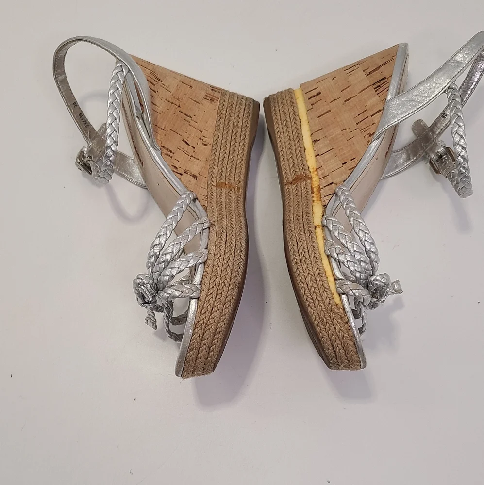 Prada silver leather strappy Wedge heel with Cork Heel peep toe size‎ 38